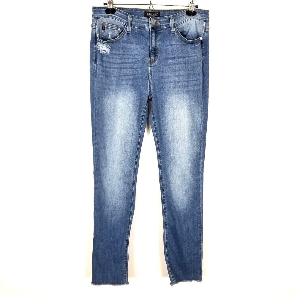 Judy Blue Women High Rise Straight Fit Jeans Size 30 Blue Denim Distressed